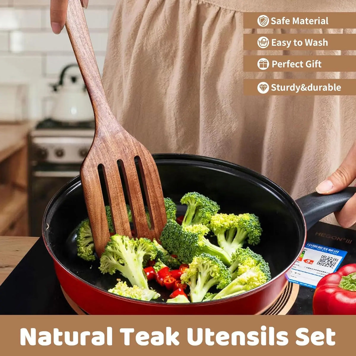 Natural Teak Wooden Kitchen Utensil Set Heat Resistant Nonstick Cookware
