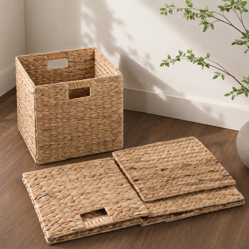 Water Hyacinth Folding Storage Baskets With Handles For Home Organization