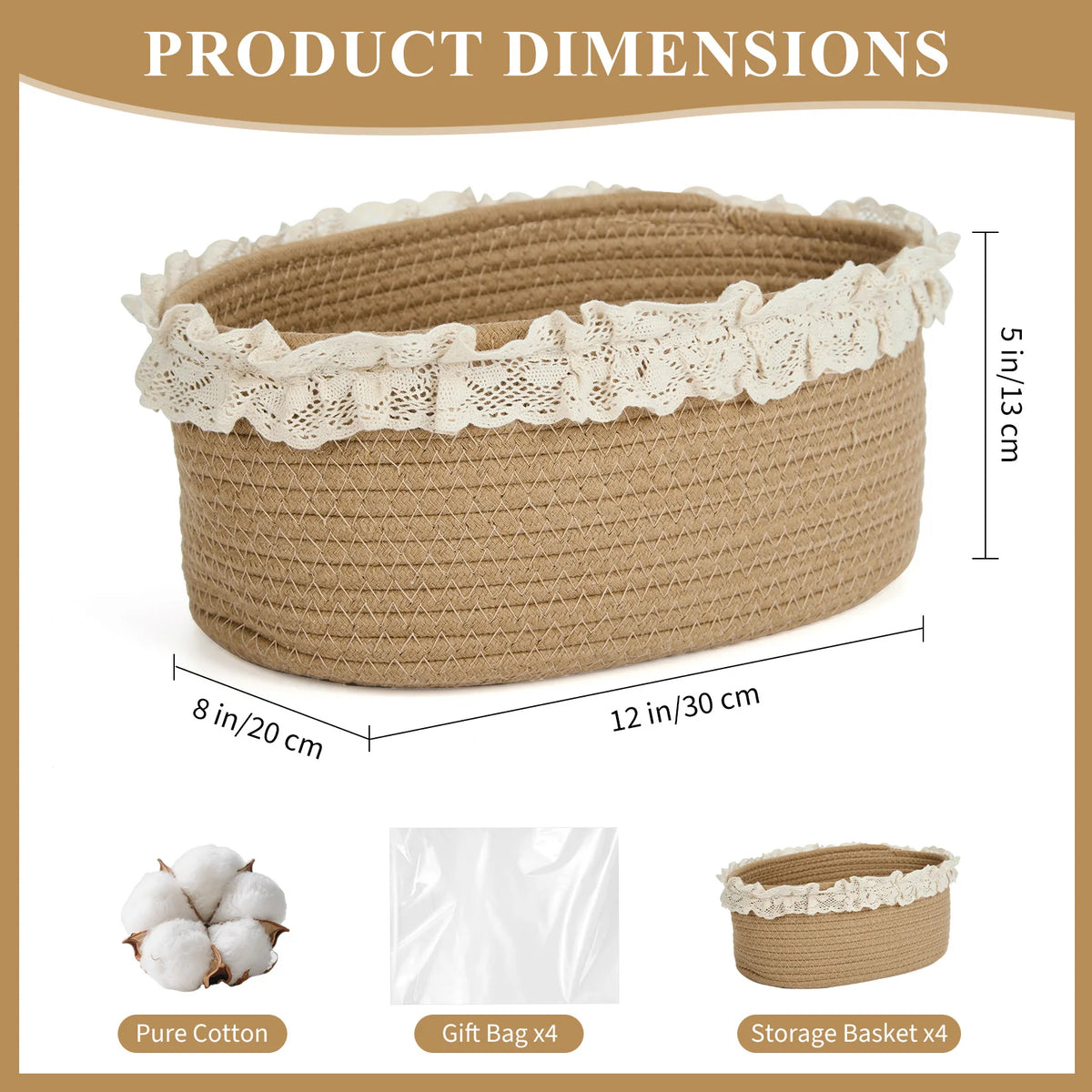 `4 Pack Cotton Rope Storage Baskets with Lace Trim, Woven Oval Organizer Bins with Gift Bags for Home Decor Baby Shower Gifts`