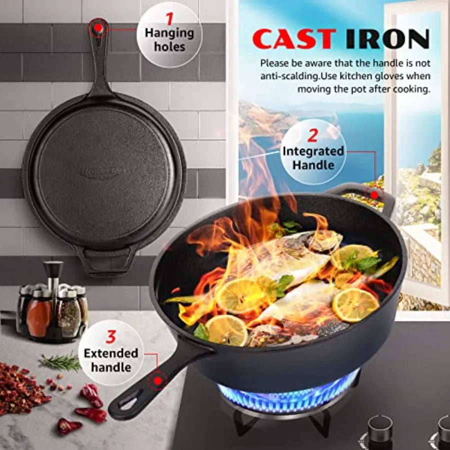 Pre Seasoned Cast Iron Skillet With Lid And Dutch Oven