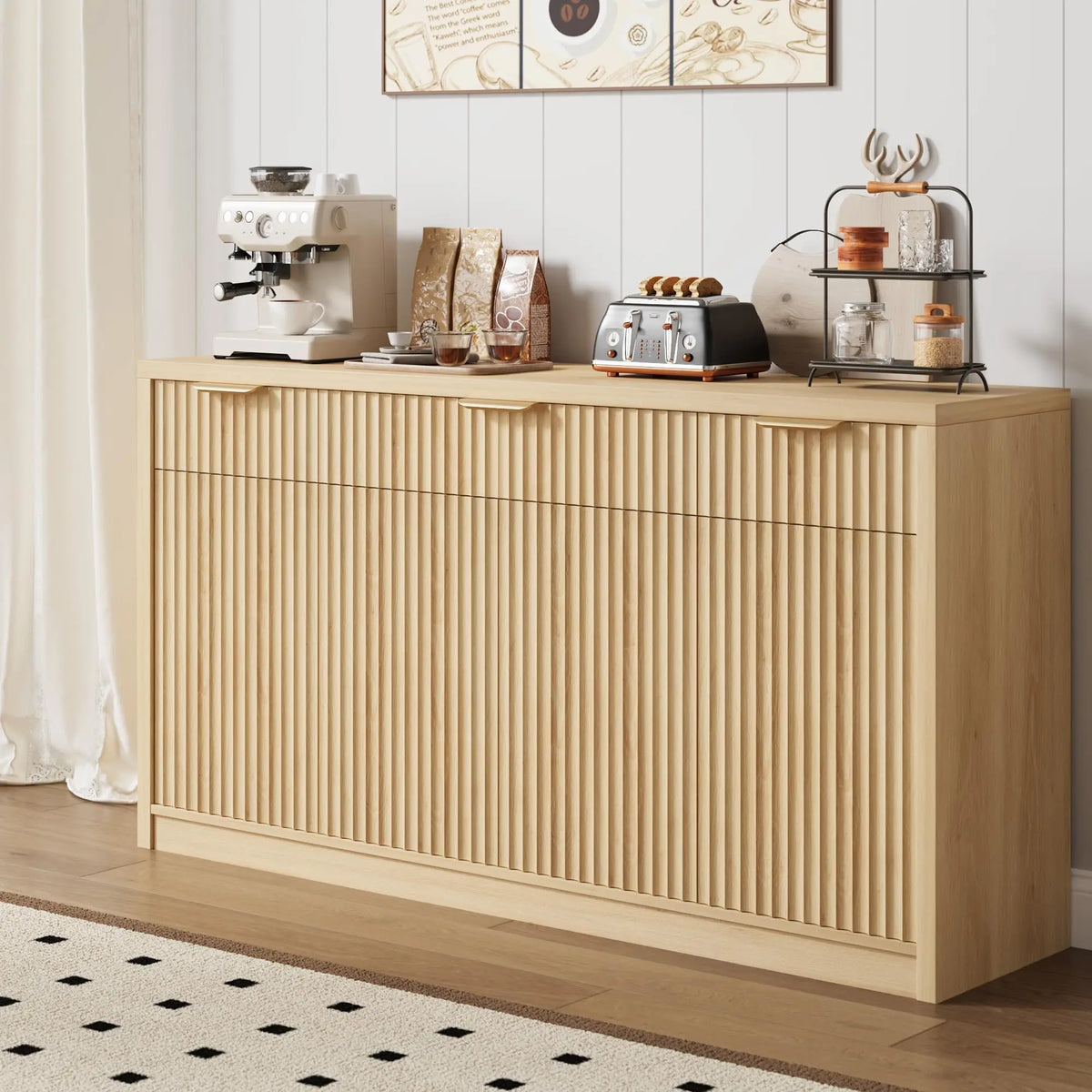 HiMISS Modern Fluted Sideboard Cabinet With Drawers And Adjustable Shelves