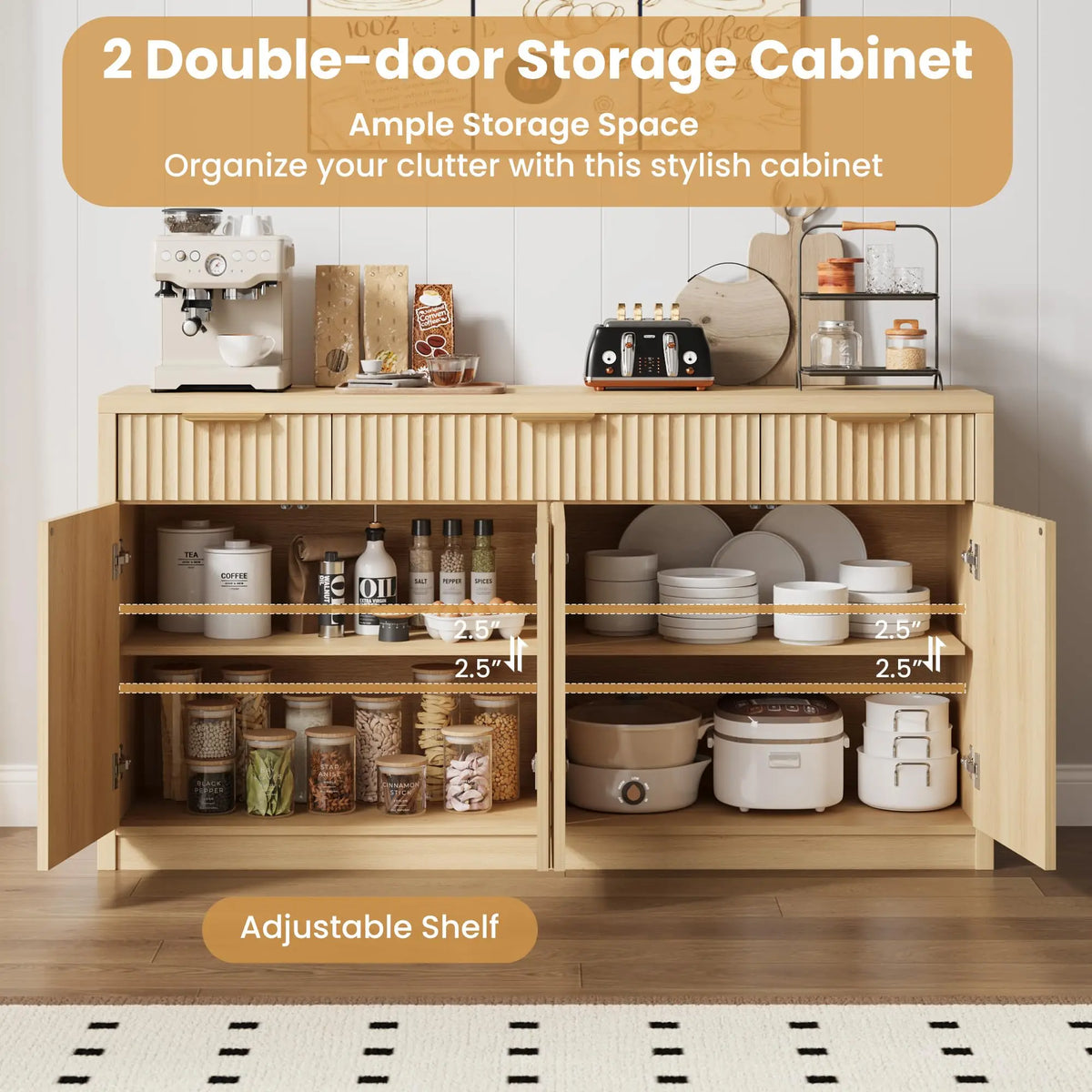HiMISS Modern Fluted Sideboard Cabinet With Drawers And Adjustable Shelves