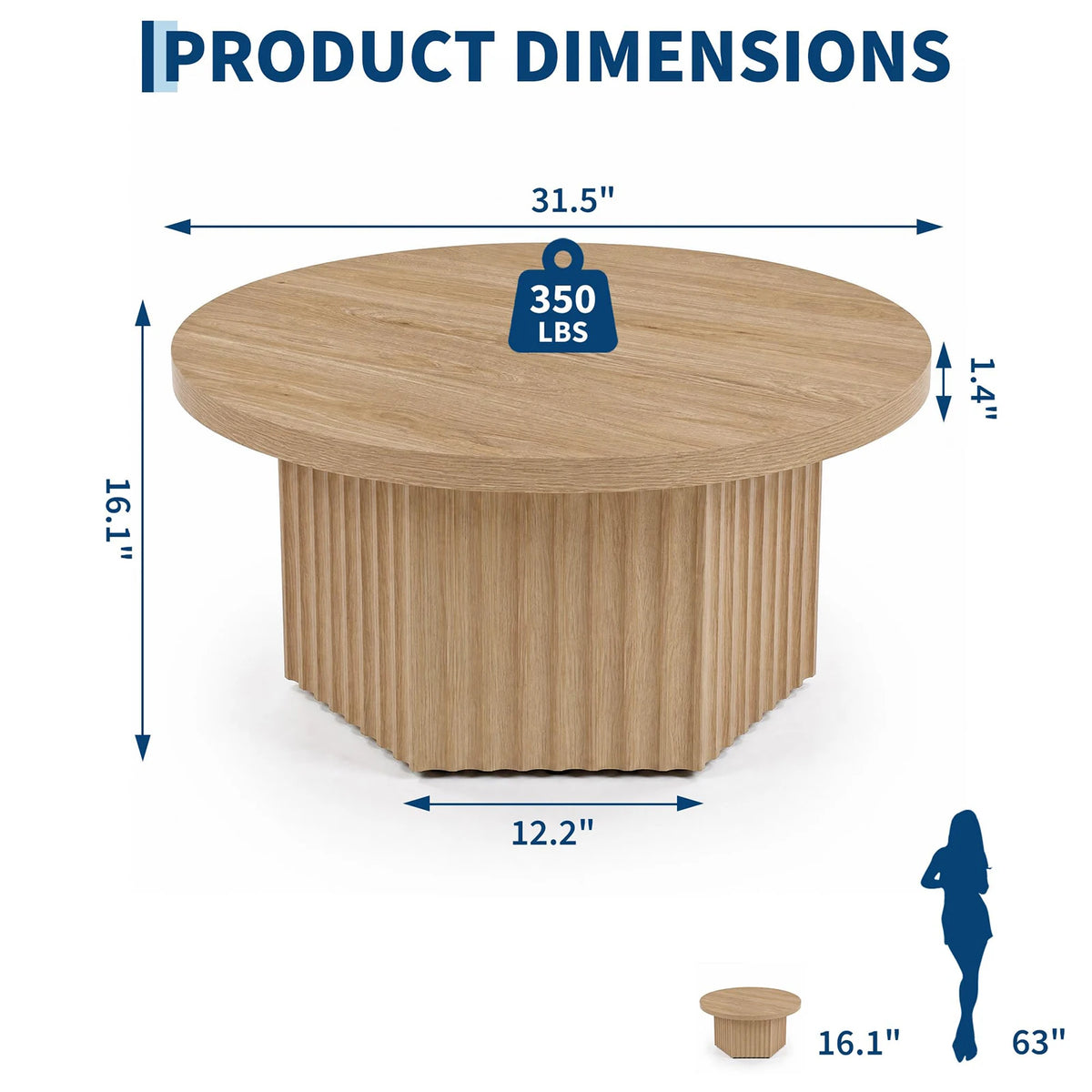 HiMISS Modern Fluted Wood Pedestal Coffee Table for Living Rooms