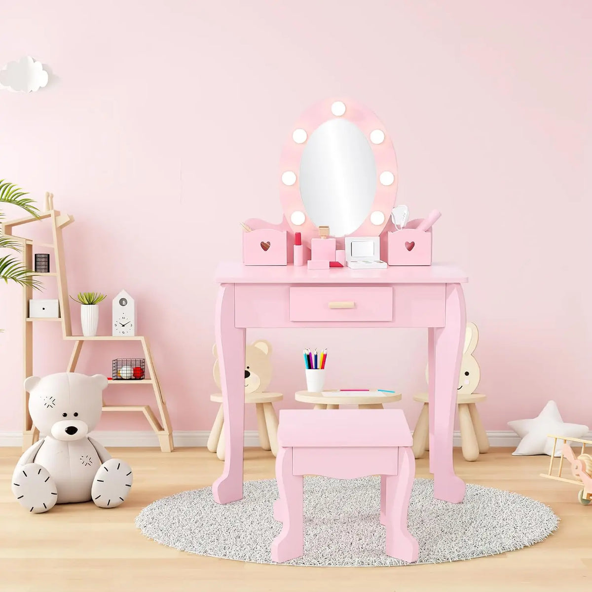Kids Vanity Table and Stool Set with Light and Mirror for Children