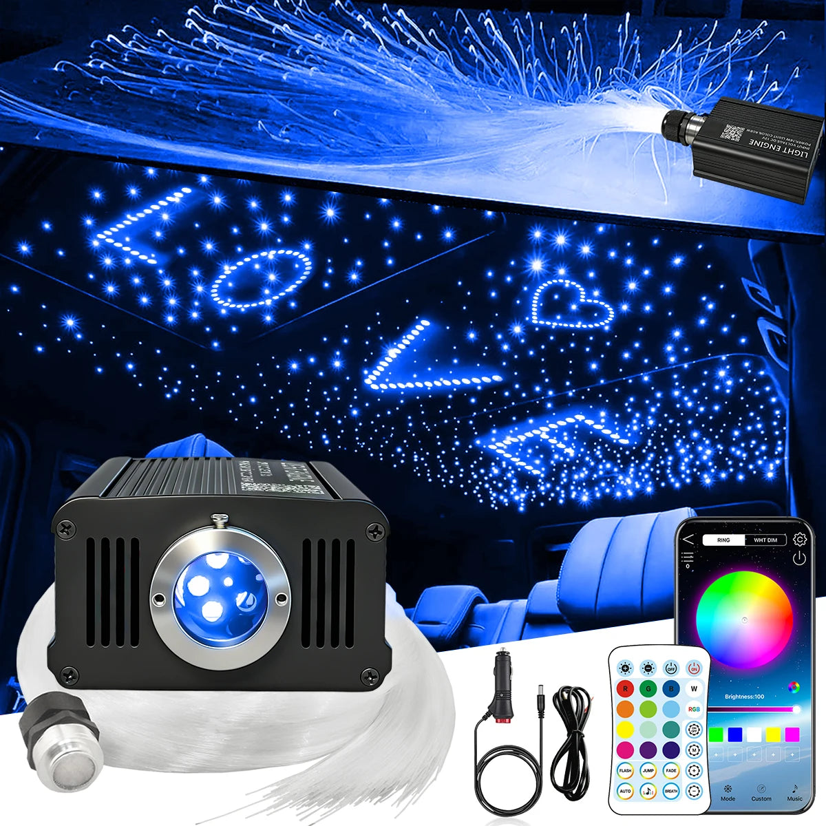 VASTFIRE RGBW Fiber Optic Starlight Headliner Kit With Music Sync Mode