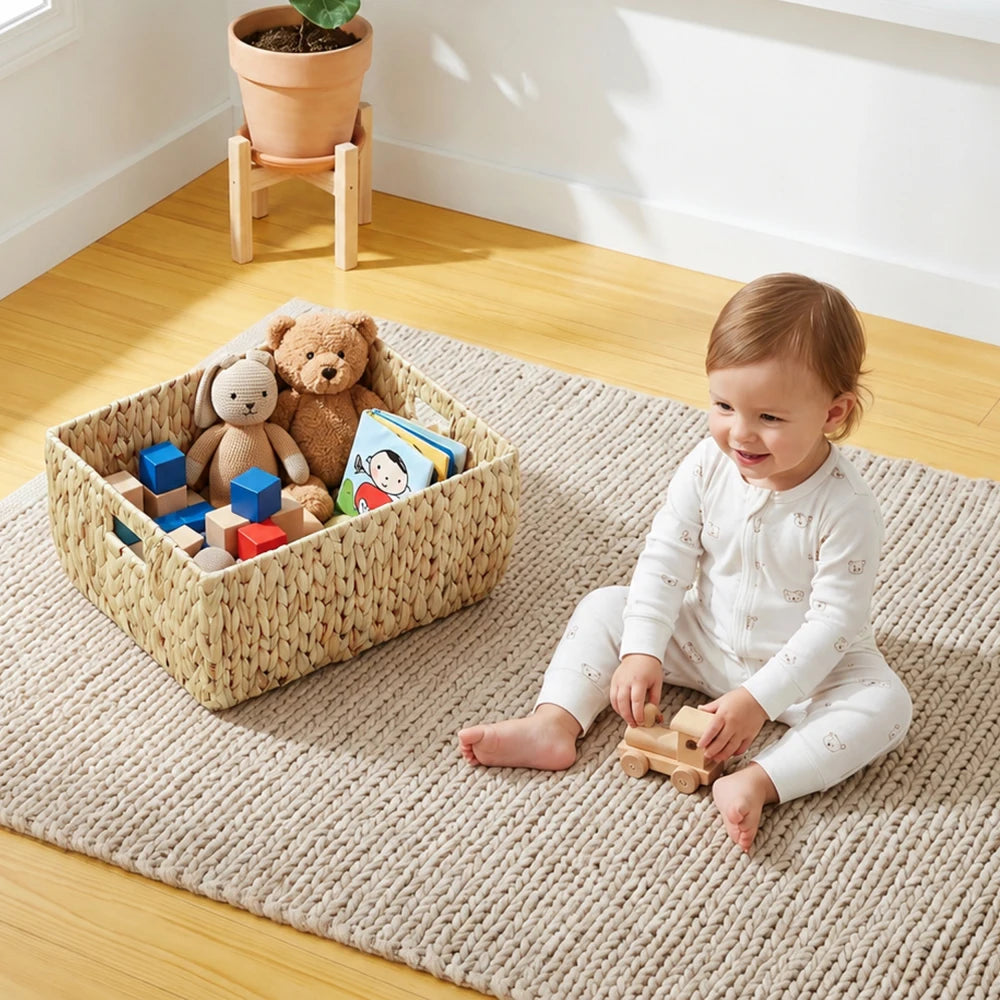 Water Hyacinth Handwoven Storage Basket With Handles