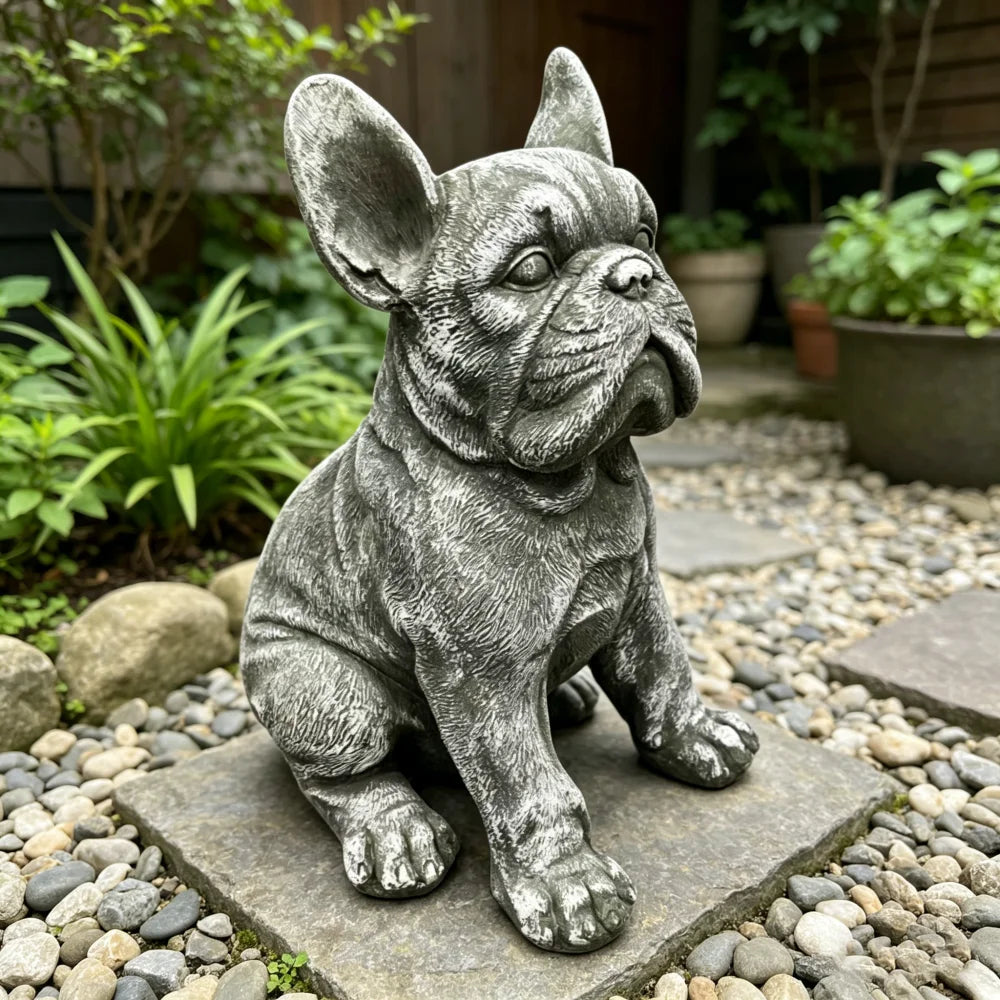 Outdoor French Bulldog Statue Rustic Stone Finish Garden Decor