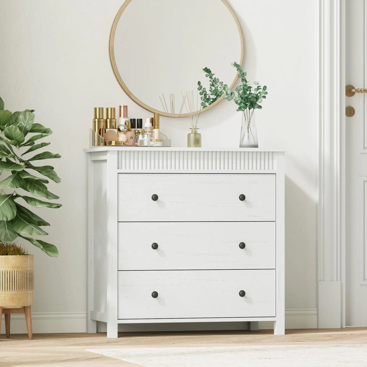 HiMISS Fluted Nightstand With Three Drawers For Bedroom Storage