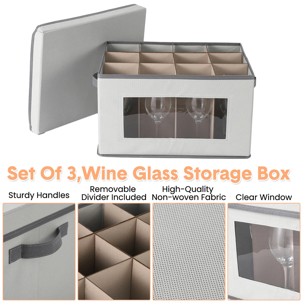 Wine Glass Storage Box, 12 Cells Stemware Storage Case with Clear Window and Divider, Stackable Non-Woven Fabric Wine Glass Organizer for Kitchen, Party and Camping