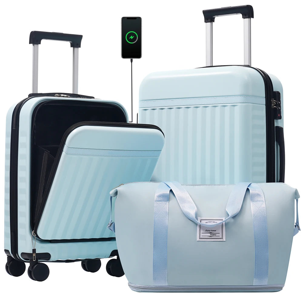 Hardside Luggage Set With USB Port Expandable Suitcases And Tote