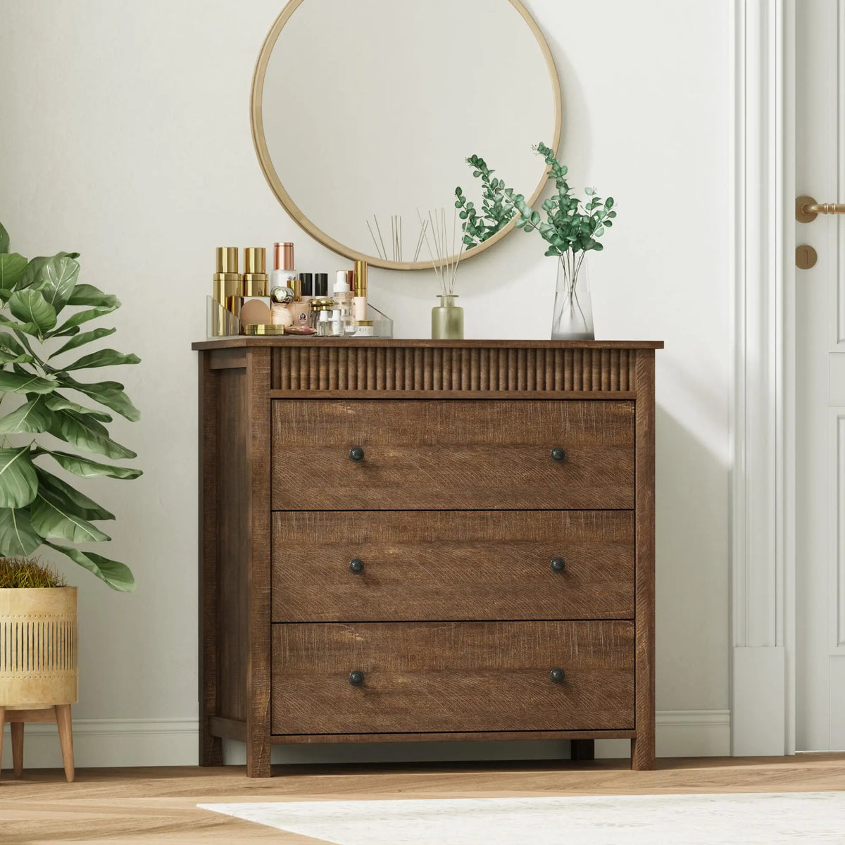 HiMISS Fluted Nightstand With Three Drawers For Bedroom Storage