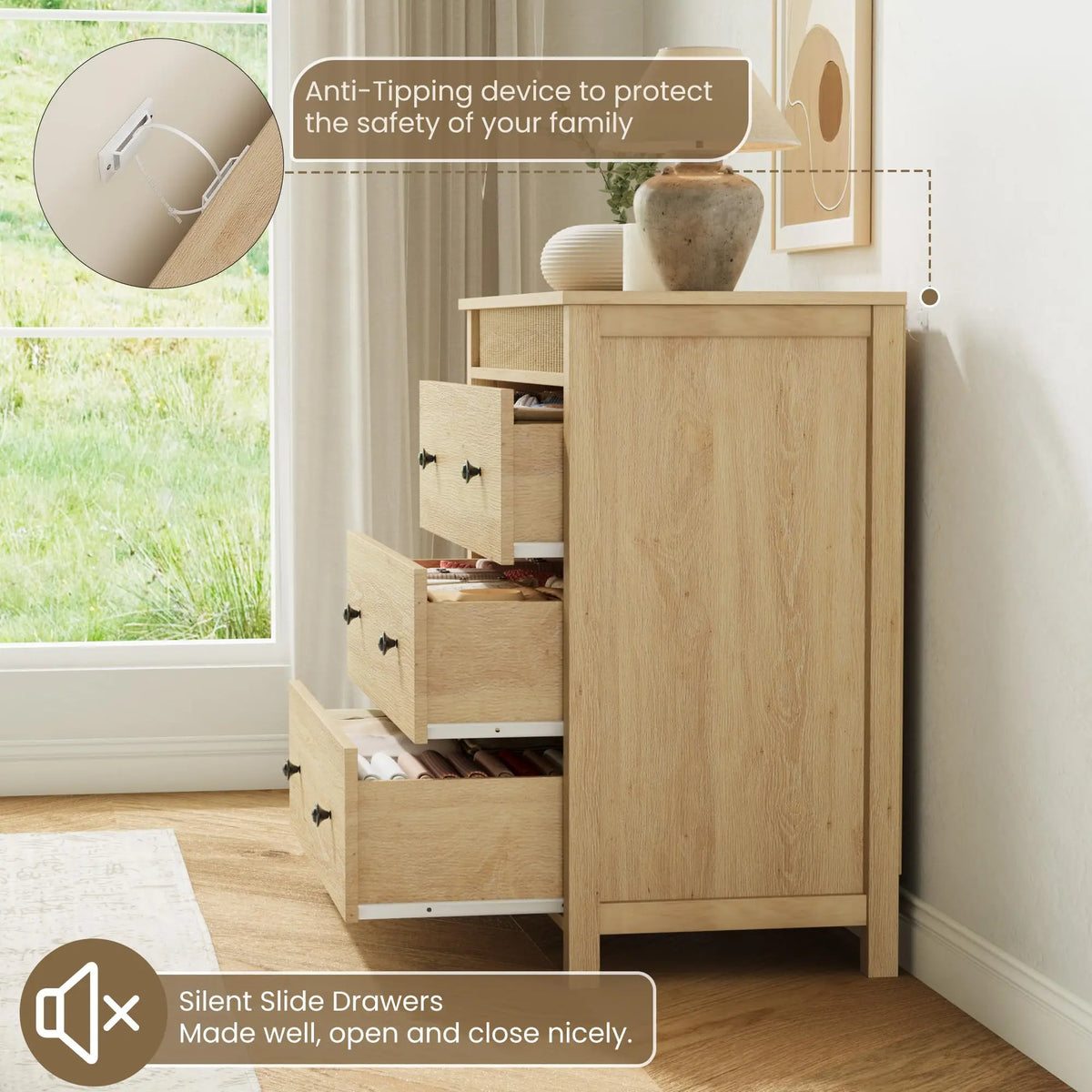 HiMISS Fluted Nightstand With Three Drawers For Bedroom Storage