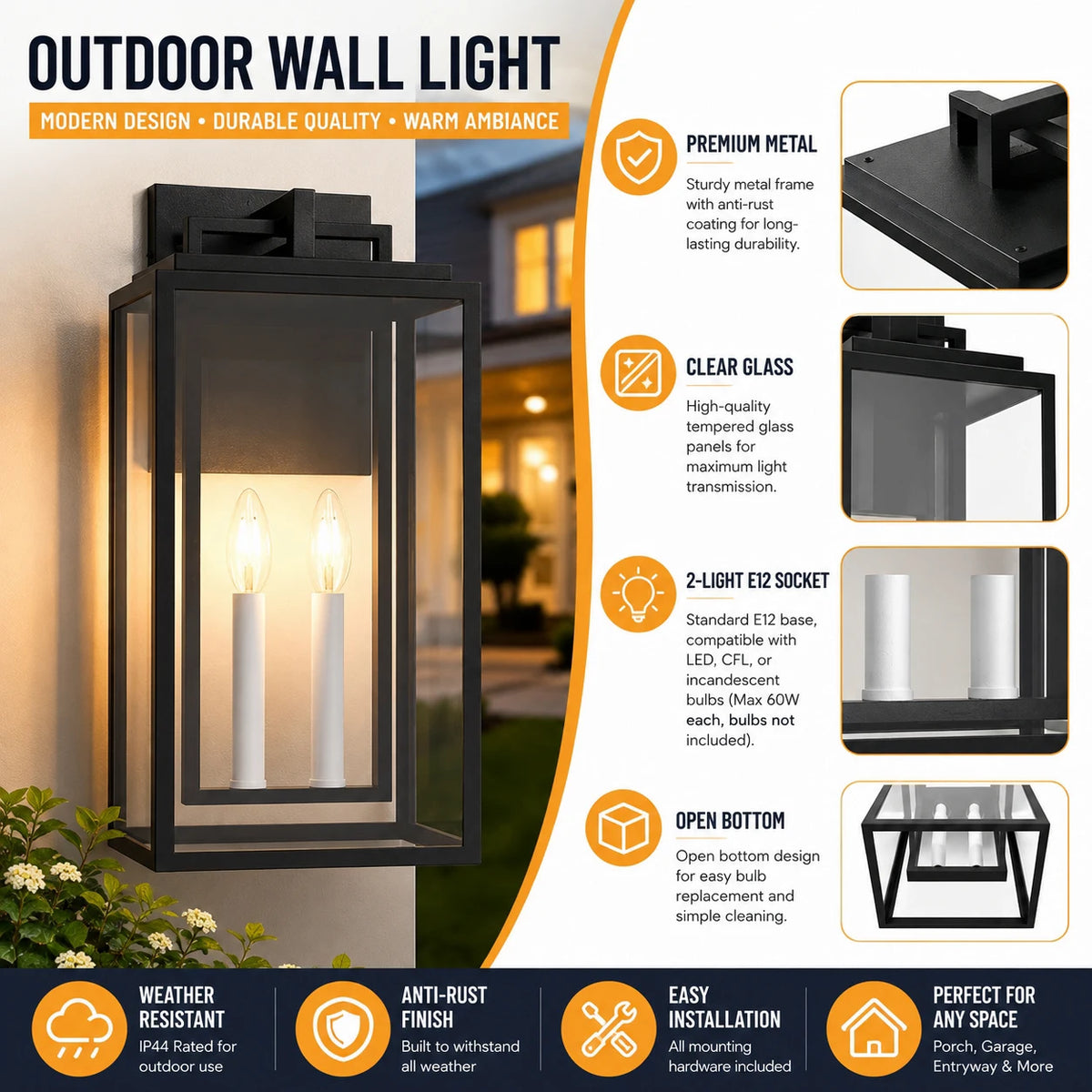 Two Light Dimmable Outdoor Wall Light With Clear Tempered Glass