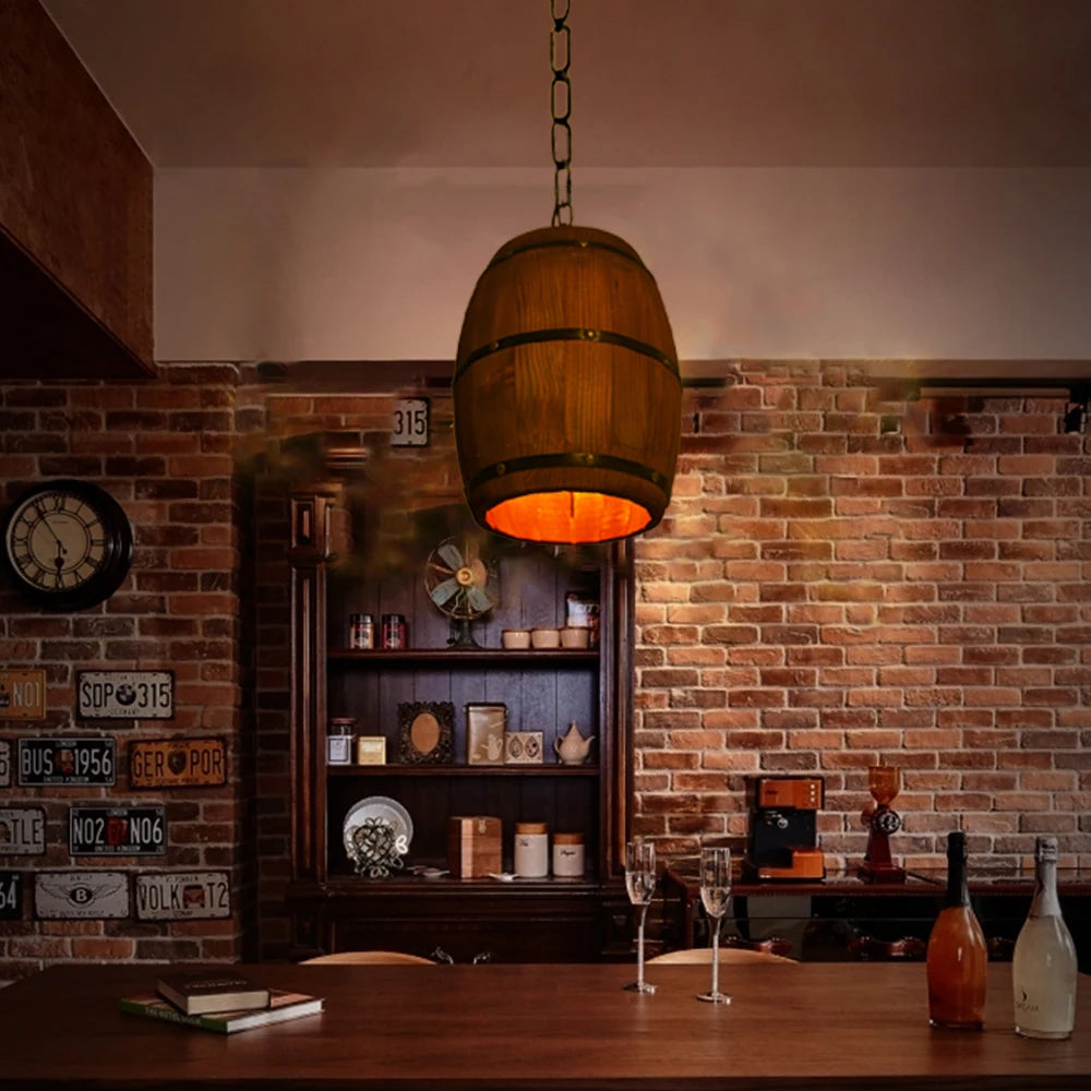 Retro Wood Barrel Pendant Light Industrial Vintage Chandelier For Home and Cafe Lights
