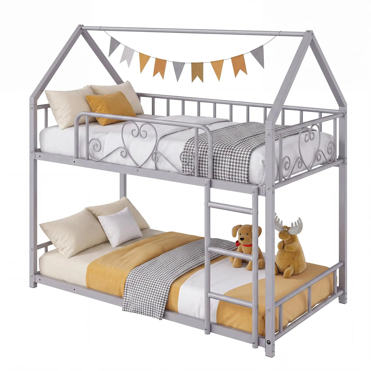 HiMISS House Style Metal Bunk Bed With Ladder And Guardrails