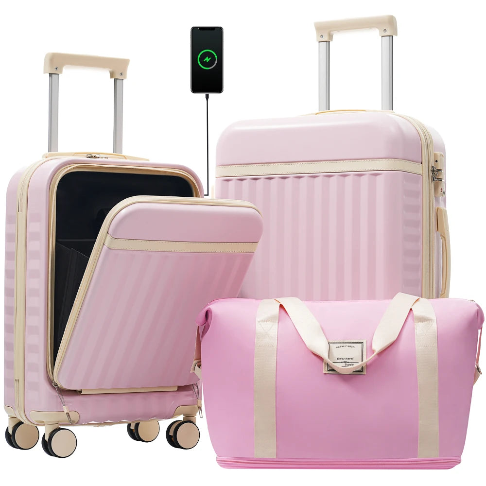 Hardside Luggage Set With USB Port Expandable Suitcases And Tote