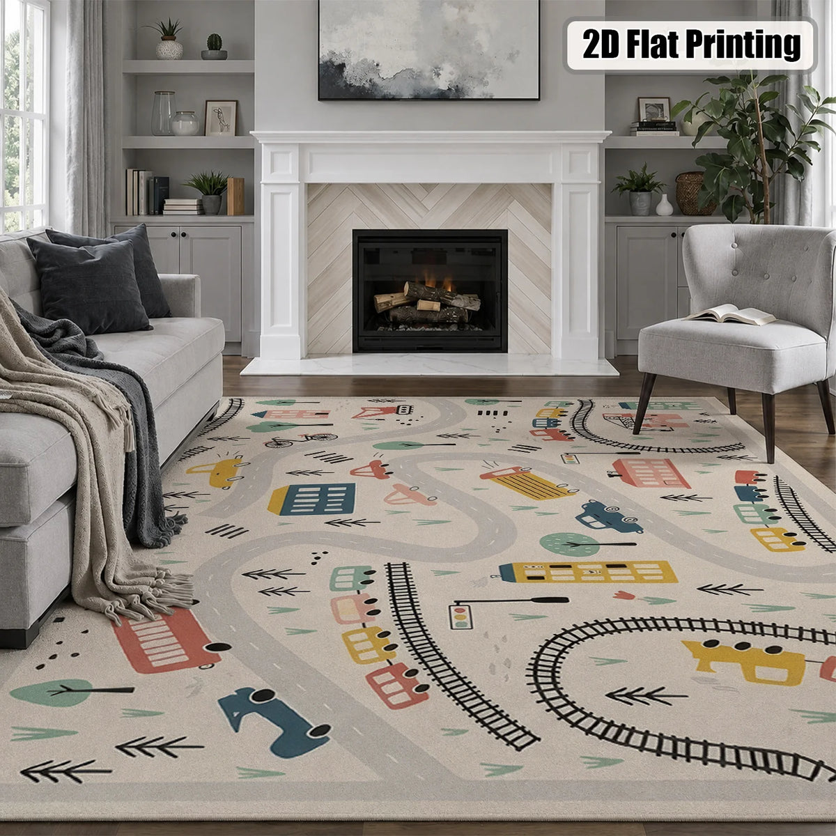 Soft Washable Kids Playroom Rug With City Road Map Design