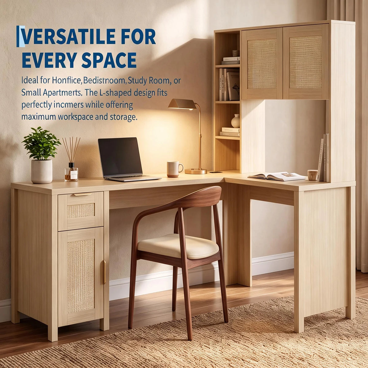 HiMISS L Shaped Corner Desk With Bookshelf Cabinet And Storage