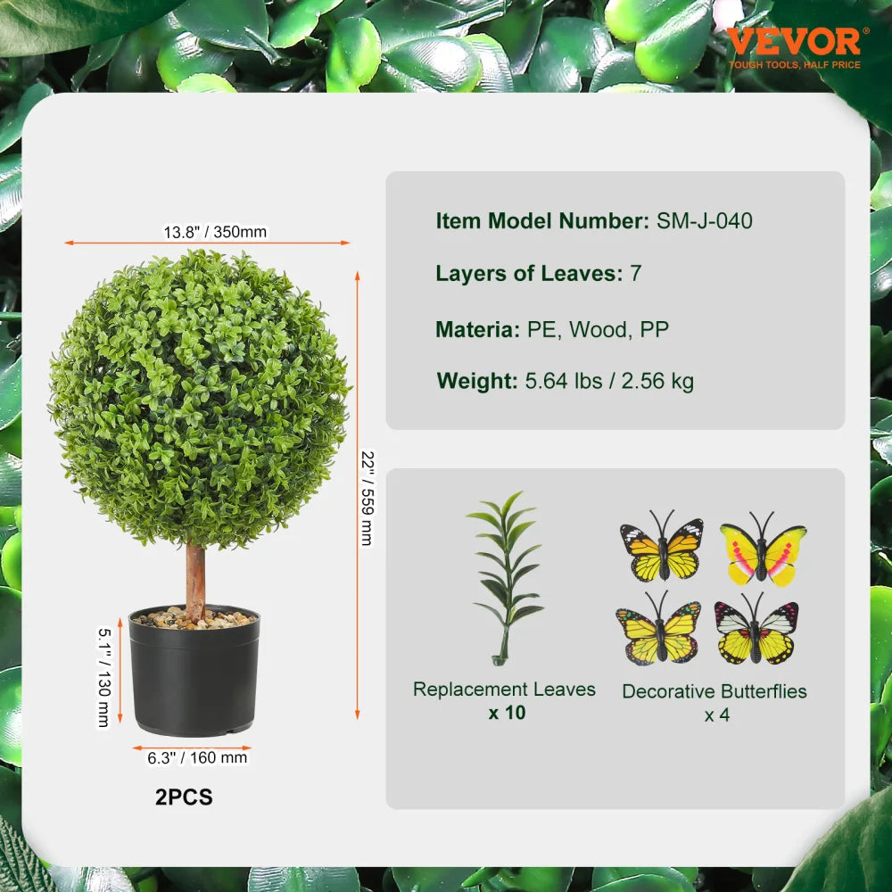 Artificial Boxwood Ball Plants In Pots With Decorative Butterflies