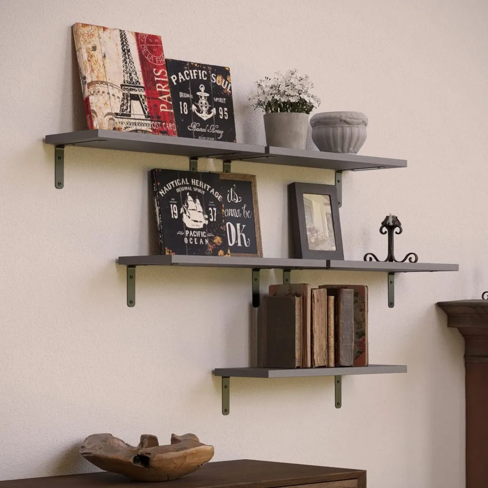 Rustic Floating Wall Shelves With Metal Guardrails Set Of Five