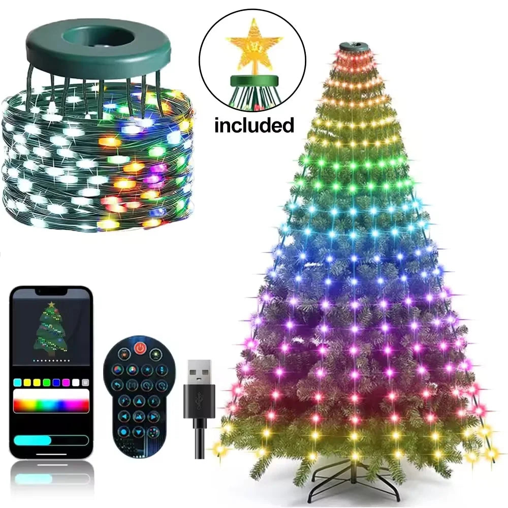 RGB Christmas Tree Waterfall Lights With Star Topper Remote Control