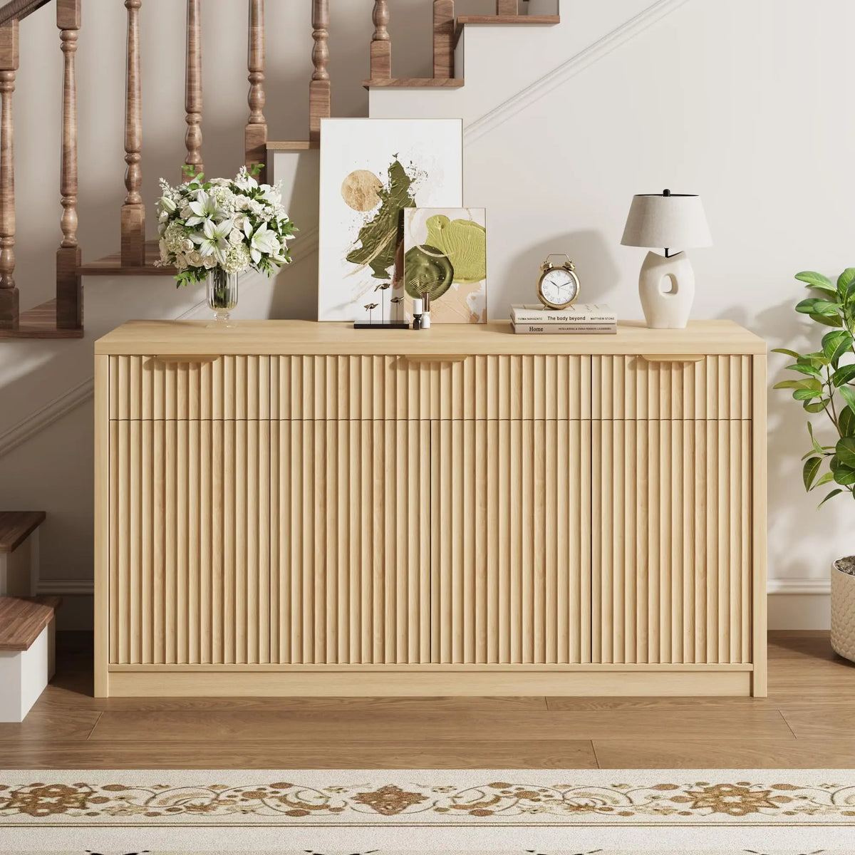 HiMISS Modern Fluted Sideboard Cabinet With Drawers And Adjustable Shelves