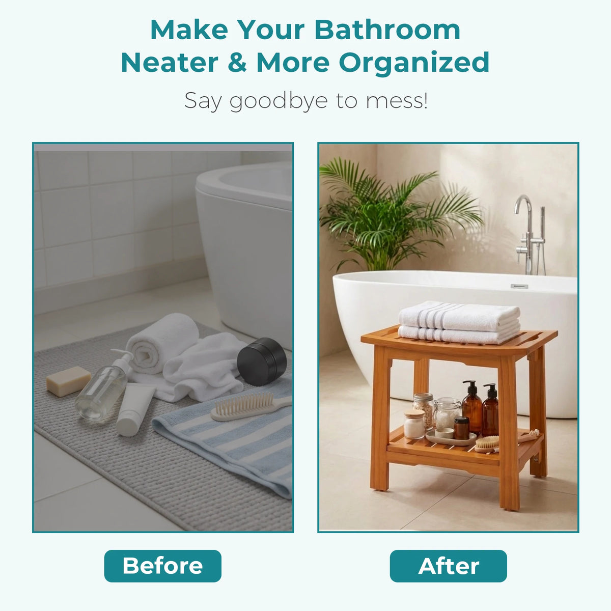 MCQ Wooden Shower Chair With Storage Shelf And Support Handles