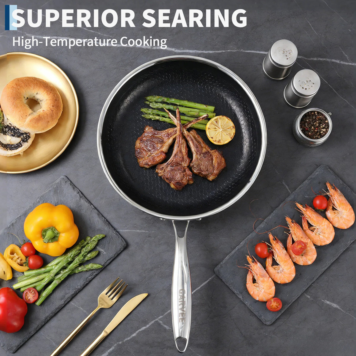 6 Piece Non-Stick Stainless Steel Pan Set, 8"/10"/12" Frying Pans with Glass Lids, Induction Oven Safe Cookware Set for Gas, Electric and Oven
