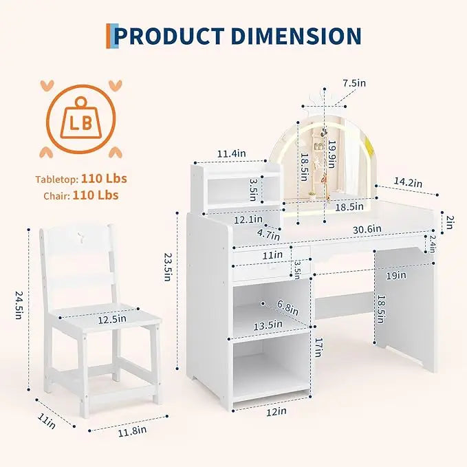 HiMISS Kids Vanity Desk With Lights And Chair For Girls