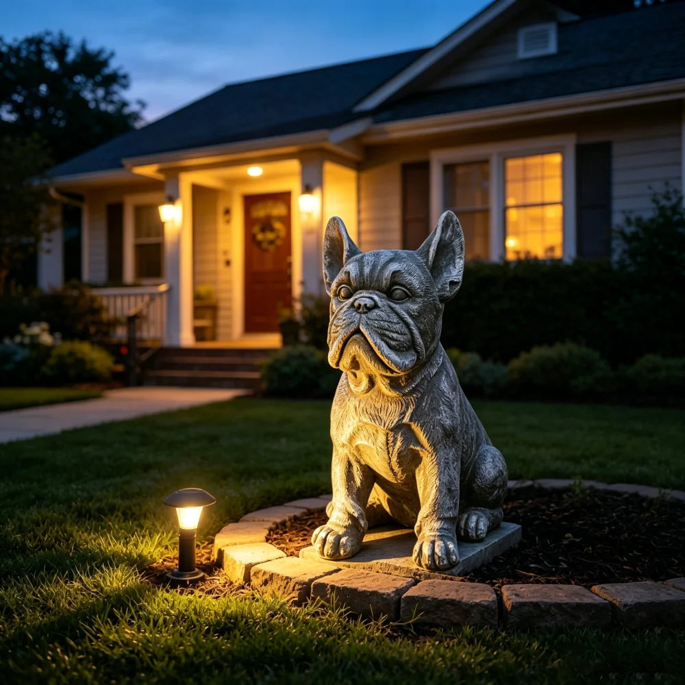 Outdoor French Bulldog Statue Rustic Stone Finish Garden Decor