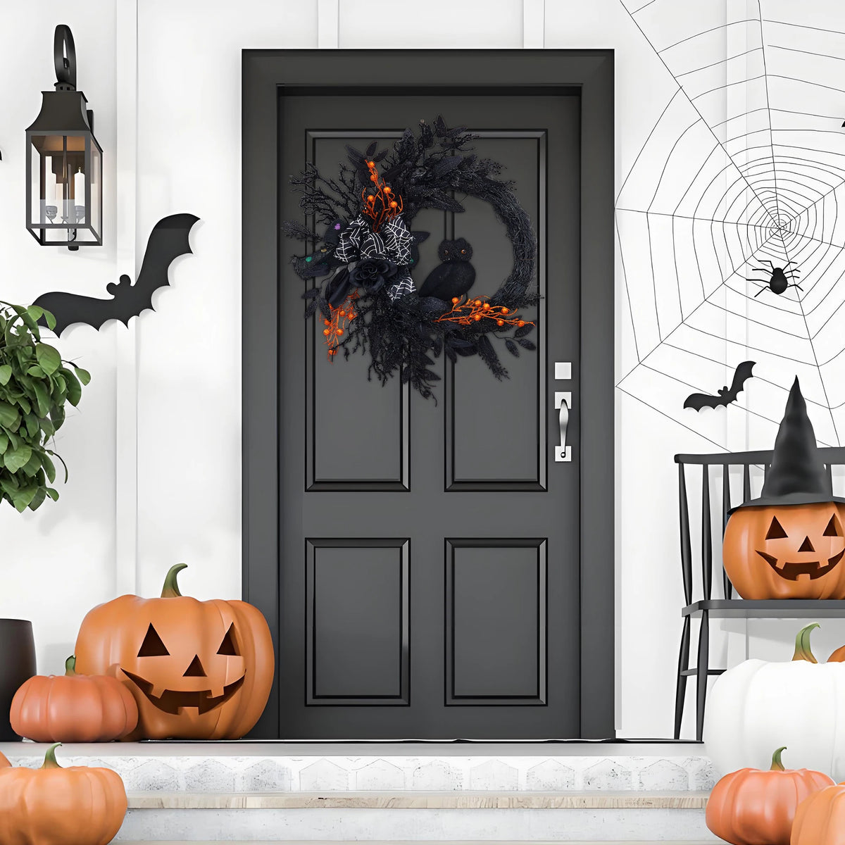 22 Inch Halloween Wreath, Black Artificial Wreath with Owl, Bow, Spider Web, Black Leaves and Orange Berries, Halloween Front Door Wall Decor for Home Party