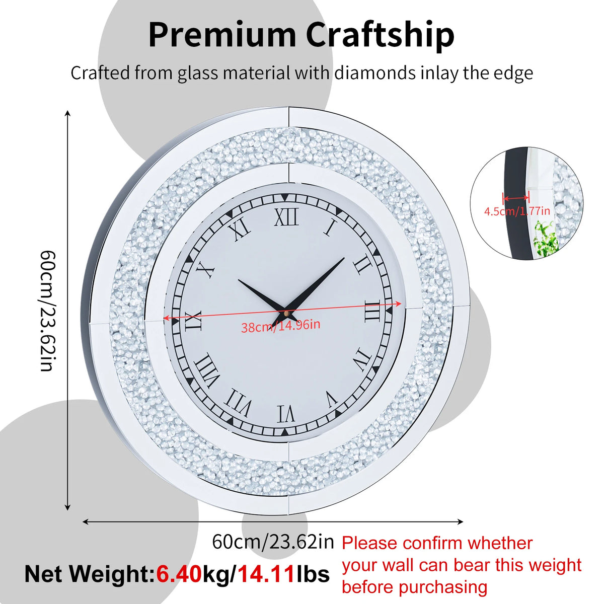 Luxury Mirrored Wall Clock With Crystal Accents Silent Quartz Movement