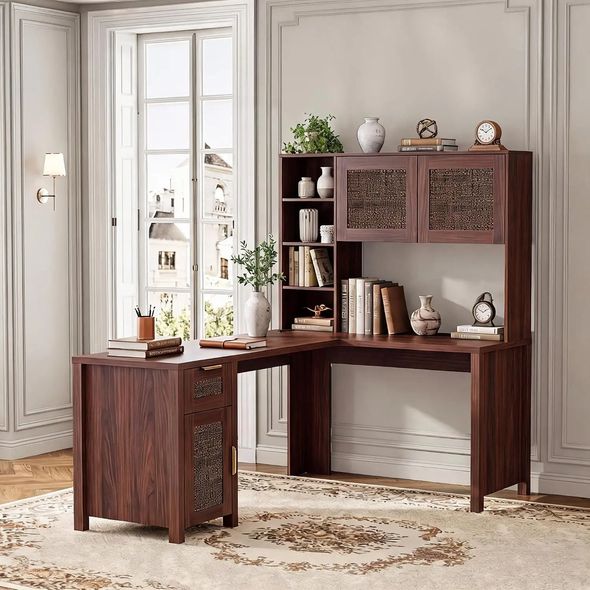 HiMISS L Shaped Corner Desk With Bookshelf Cabinet And Storage