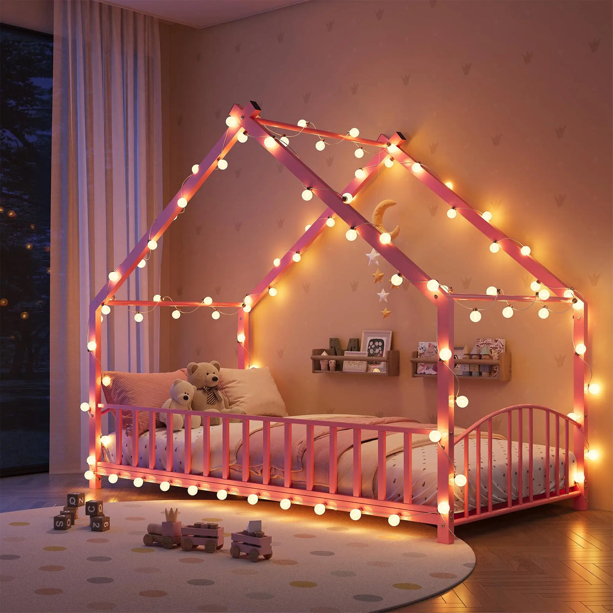HiMISS Twin House Bed Frame With Safety Rails And Roof
