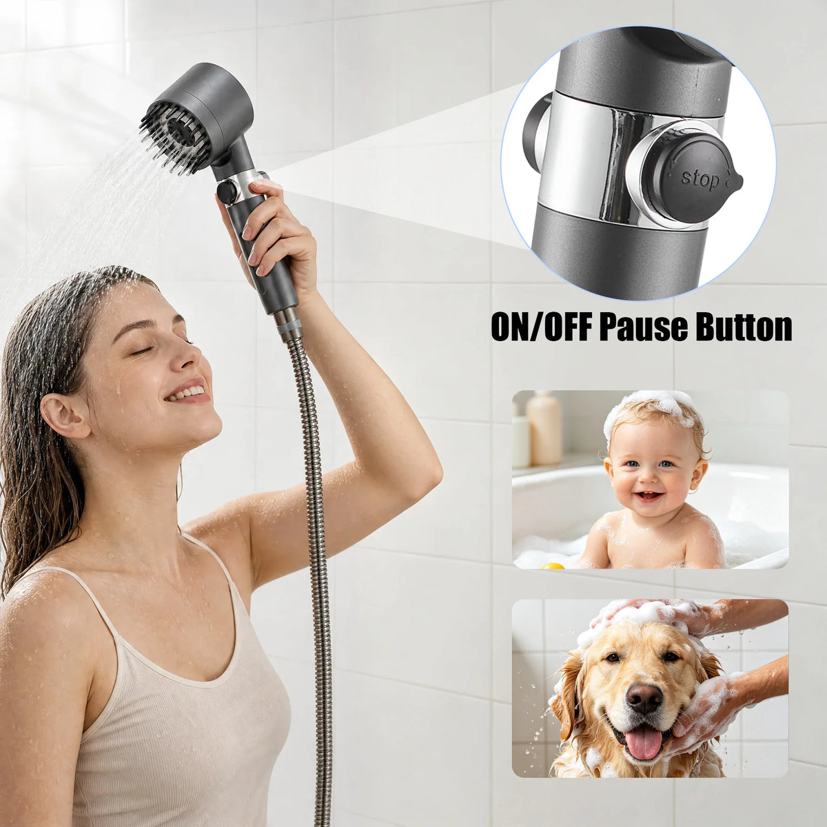4-in-1 Filtered Shower Head with 4 Replacement Filters, High Pressure Water Saving Showerhead with ON/OFF Pause Button, 3 Spray Modes for Bathroom Spa