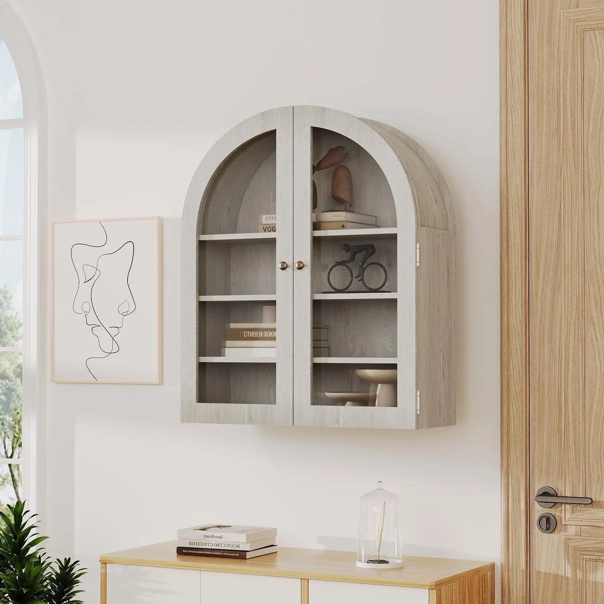 Wooden Arched Wall Cabinet, 24"×9.1"×27.6" Bathroom Kitchen Storage Cabinet, Double Doors Adjustable Shelf Modern Home Display Organizer