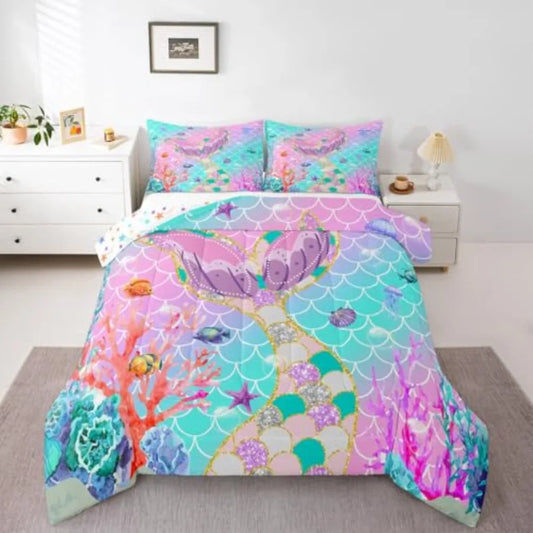 Mermaid Tail Fish Scale Comforter Set With Two Pillowcases