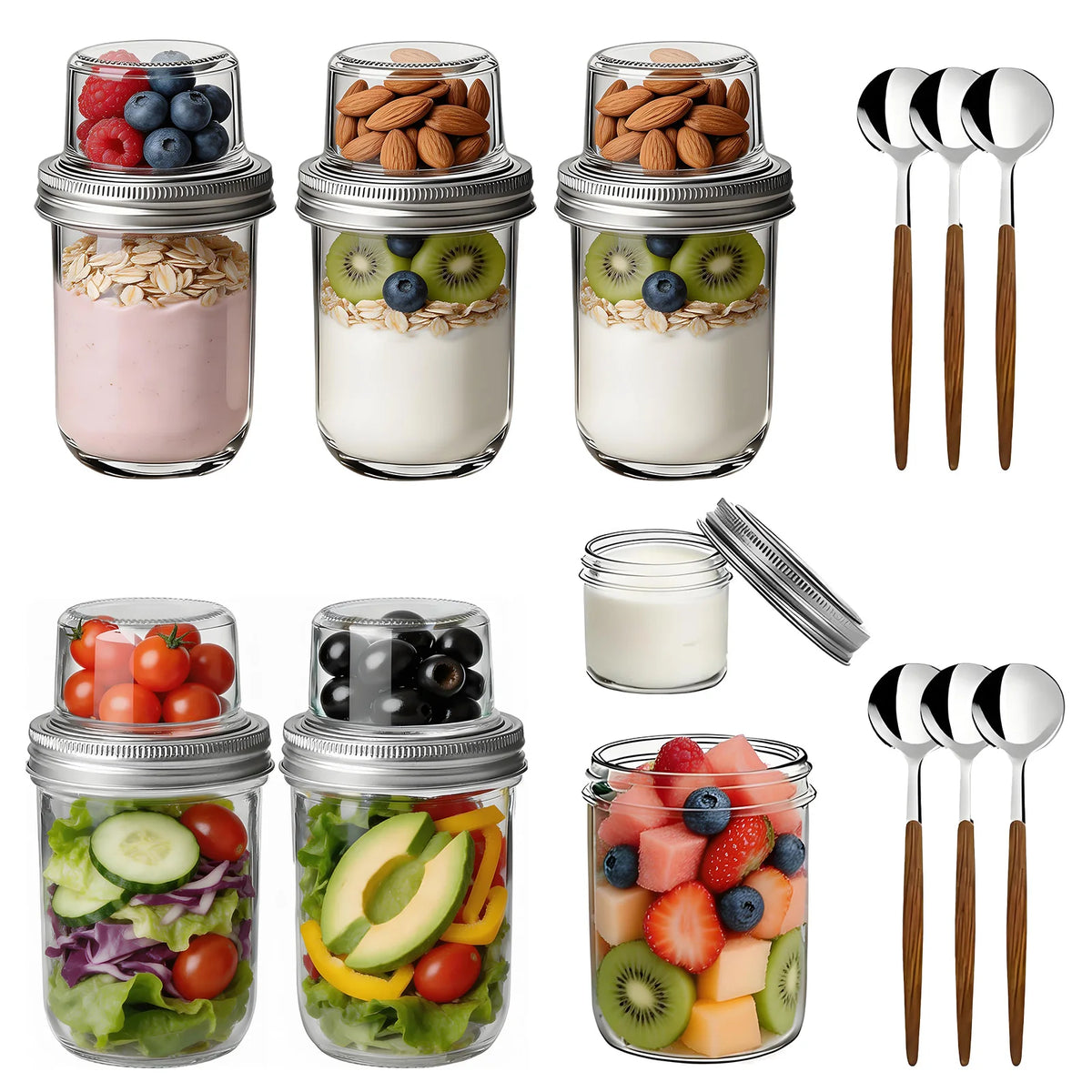 6-Pack Dual-Compartment Glass Jars | 16oz + 4oz Leak-Proof Overnight Oats Container | Crunchy & Fresh Food Storage | Portable Salad & Snack Jar with Spoon