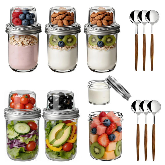 6-Pack Dual-Compartment Glass Jars | 16oz + 4oz Leak-Proof Overnight Oats Container | Crunchy & Fresh Food Storage | Portable Salad & Snack Jar with Spoon