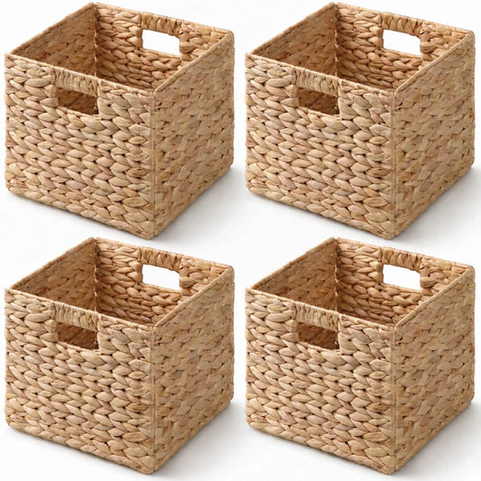Water Hyacinth Folding Storage Baskets With Handles, Set Of 4