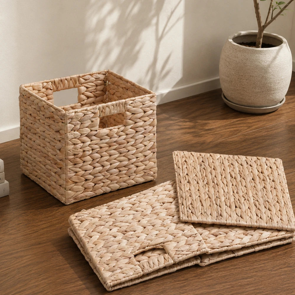 Water Hyacinth Folding Storage Baskets With Handles, Set Of 4