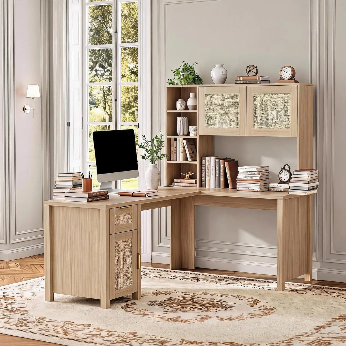 HiMISS L Shaped Corner Desk With Bookshelf Cabinet And Storage