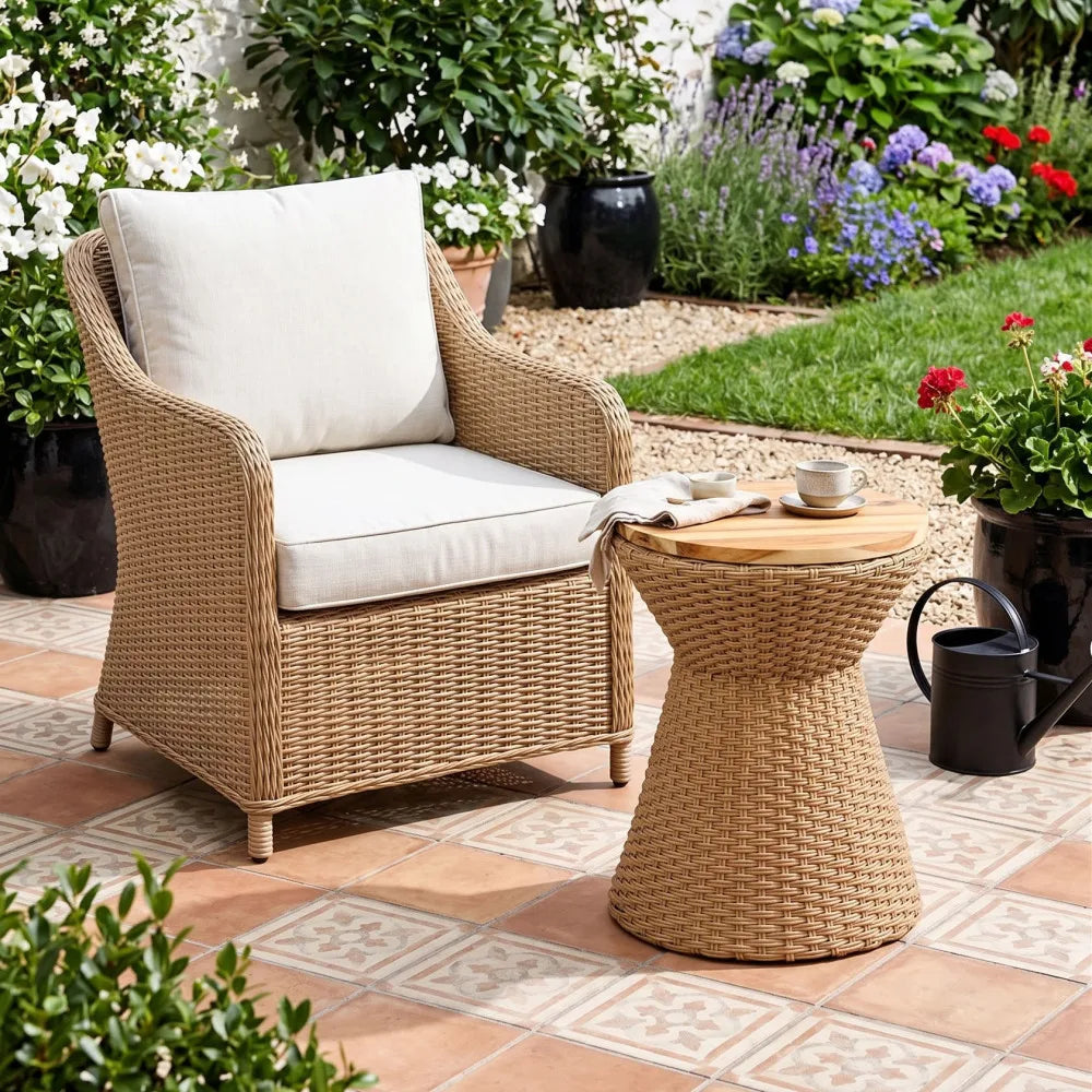 Polyrattan Stool With Wood Lid Indoor Outdoor Accent Side Table