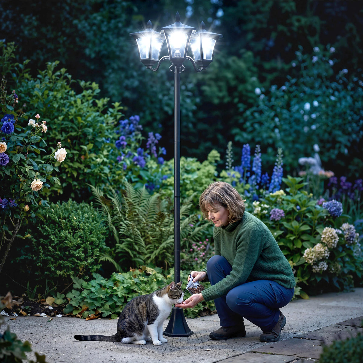 Outdoor Solar Triple Head Lamp Post With Automatic Dusk Lighting