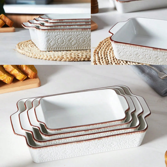 Casserole Dishes For Oven Vintage Porcelain Baking Dishes Ceramic Bakeware Set Of 4 Rectangular Embossed Lasagna Pans Deep With Handles For Baking Cake Kitchen Cooking Dinner Party Housewarming Gift