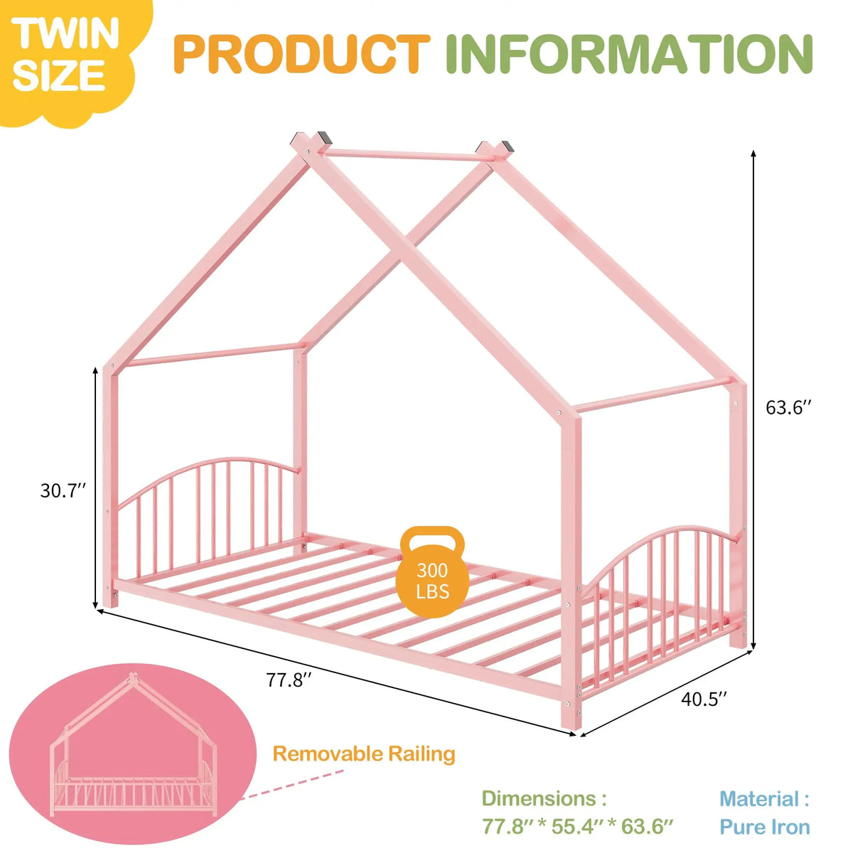 HiMISS Twin House Bed Frame With Safety Rails And Roof
