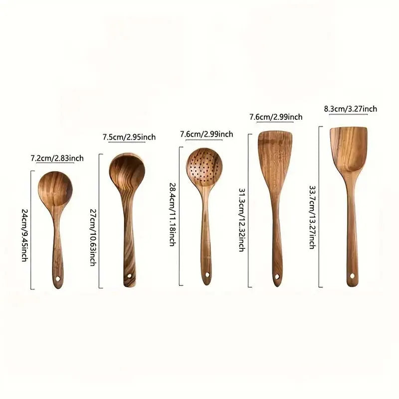 Natural Teak Wooden Kitchen Utensil Set Heat Resistant Nonstick Cookware