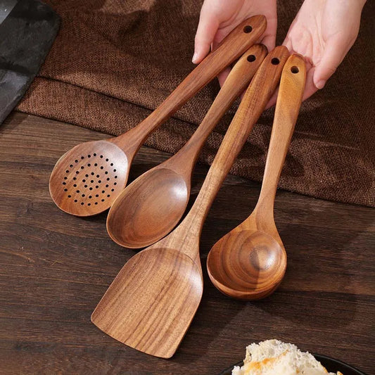 Teak Wood Cooking Utensil Set With Spoons Server Scraper Spatula