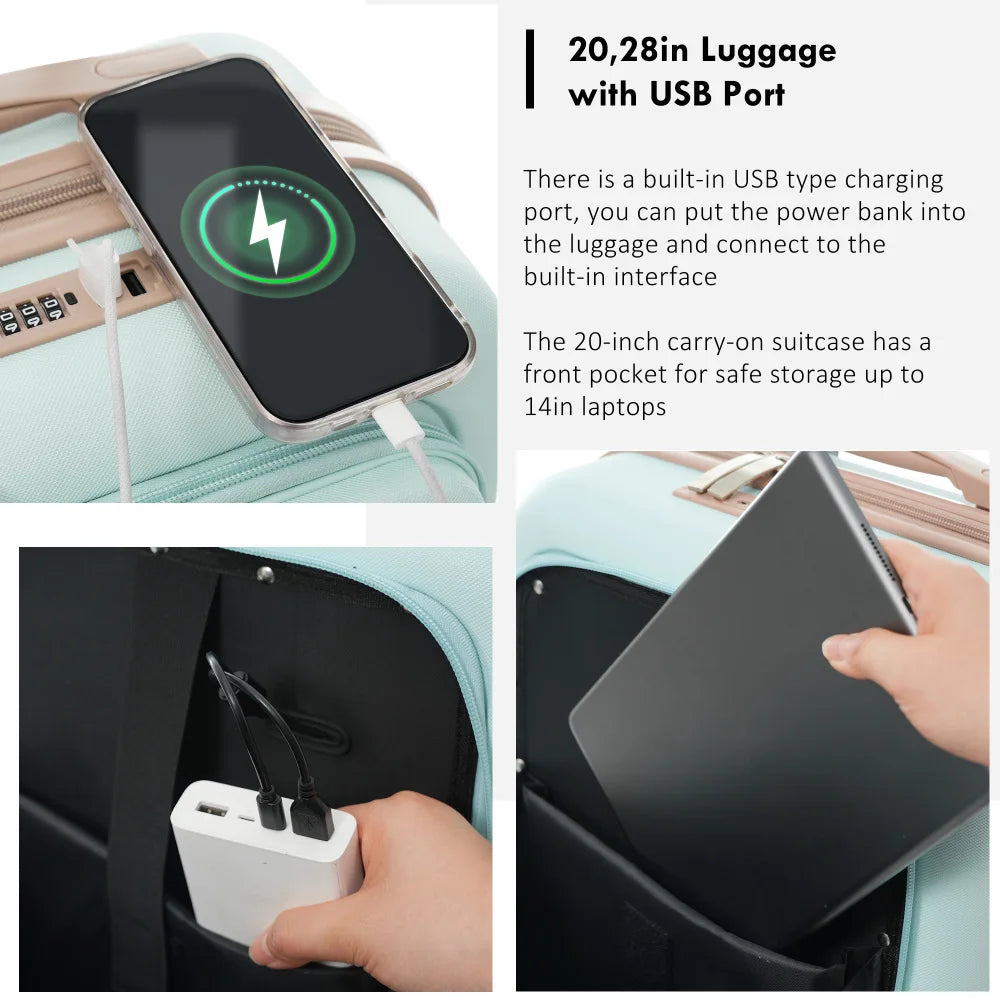 Expandable Carry On Luggage Travel Bag Set With USB Port