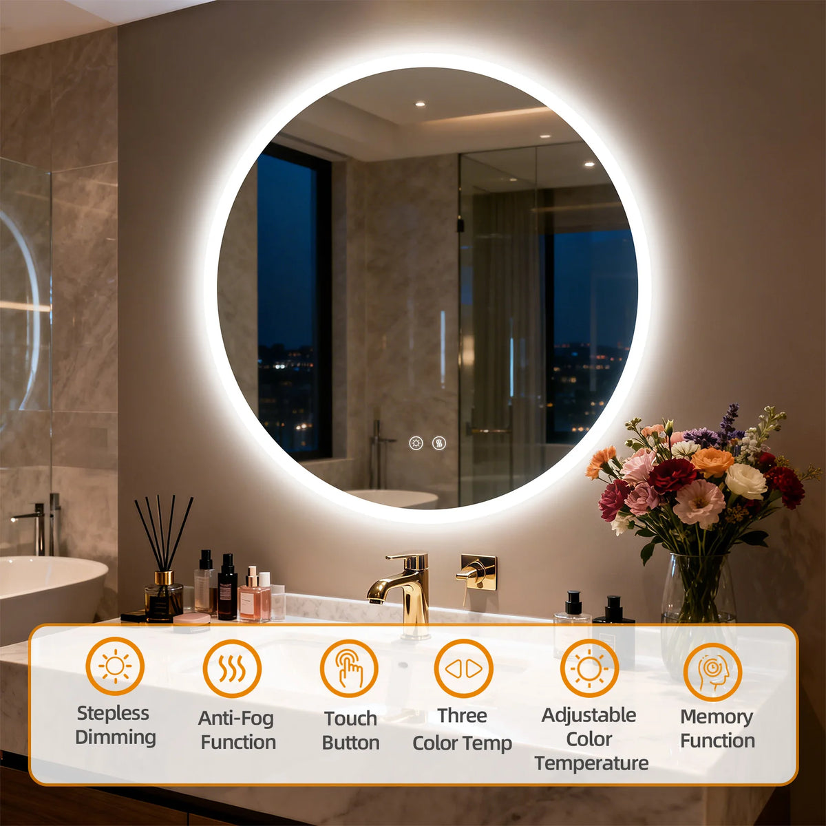Round LED Bathroom Mirror With Anti Fog Dimmable Backlighting